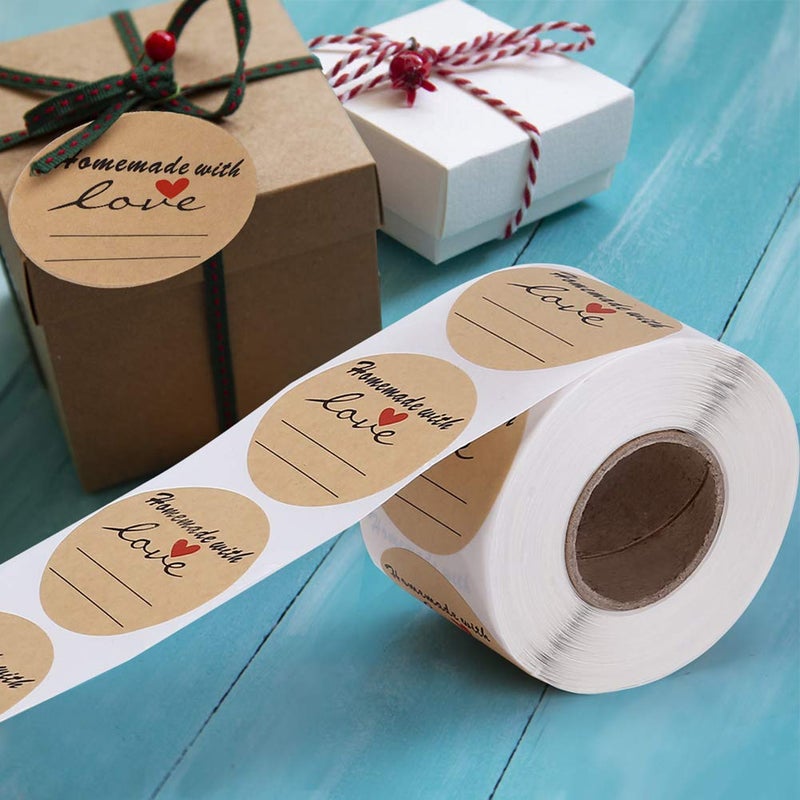 A AKRAF 2" Round Kraft Homemade with Love Sticker with Lines for Writing, Black Font and Red Heart Canning Labels, 500 Labels per roll - Image 5